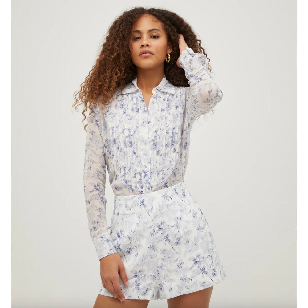 Hill House Sheer Floral Pintuck Blouse in White and Lavender